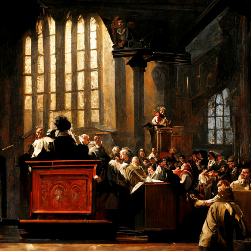 An Artificial Intelligence Rendition of Jonathan Swift Angrily Preaching in an Irish Church in the Style of Rembrandt