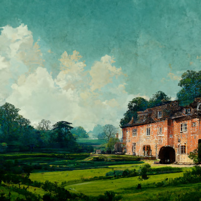 An artificial intelligence representation of a 17th century gentry farmhouse similar to Wildfell Hall. Made by midjourney.com