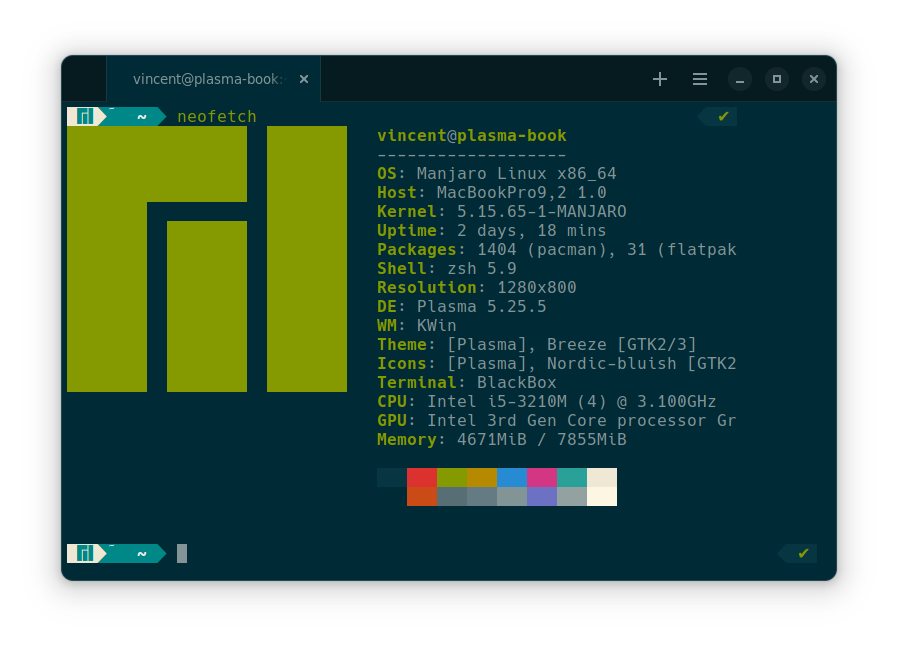 BlackBox is a good looking terminal emulator but it clashes in KDE.