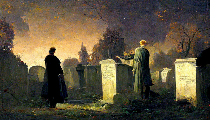 Hamlet giving his soliloquy in the cemetery. Generated by midjourney.com