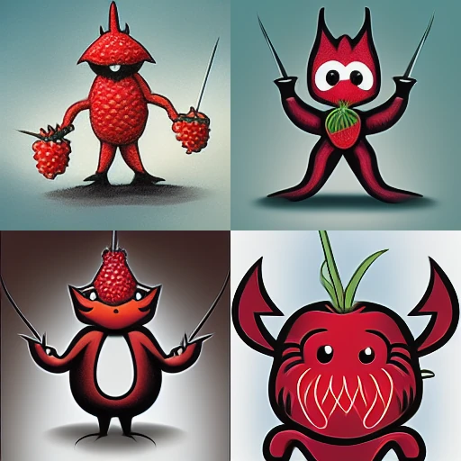 the freebsd mascot, cartoon daemon, red, holding a pitchfork, eating a giant raspberry (midjourney depiction)