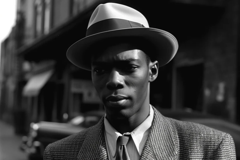 A guy that almost looks like Chris Rock dressed as a gangster from 1950. Image generated by midjourney.com