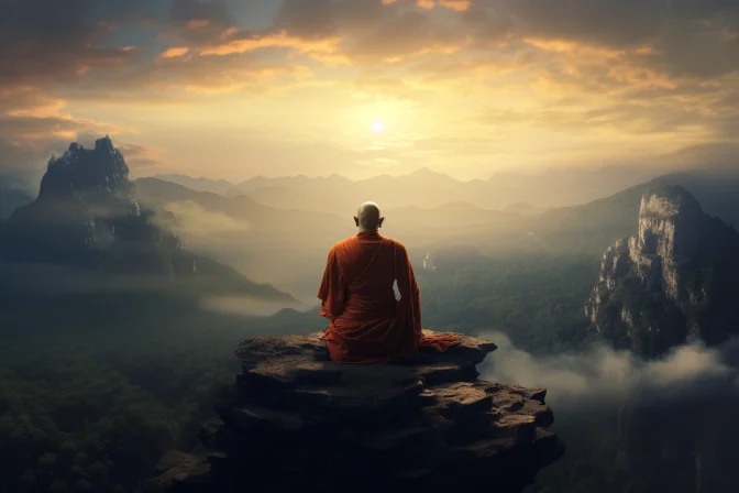 Buddhist monk on a mountaintop. Image by midjourney.com