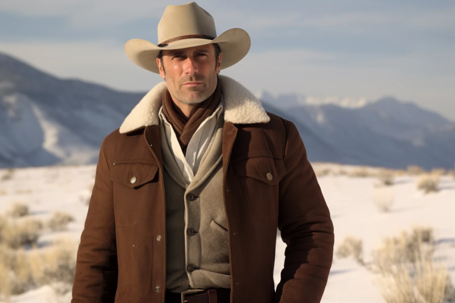 A cowboy with a snowy background. Looks sort of like Jon Hamm in Fargo season five. Image by Midjourney